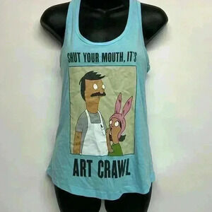 Bob’s Burgers size small blue tank top shut your mouth it’s art crawl